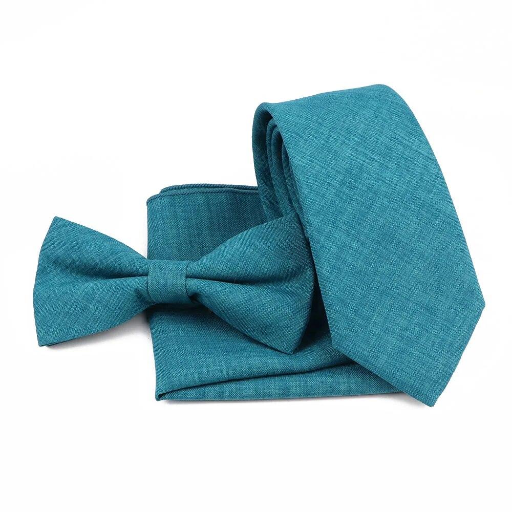 Men Fashion Solid Color Cotton Tie Bowtie Handkerchief Set Wedding Party Butterfly Necktie