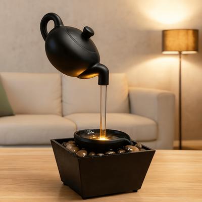 Zen Style Teapot LED Flowing Water Fountain,black Resin Feature with Pebble Base,calming Water, Warm Light Decor for Home Office and Meditation Gift