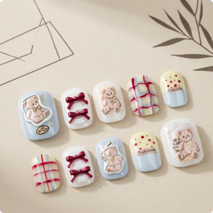 Korean Cute Bear 3D Bow Plaid Polka Dot Press-On Nail Stickers
