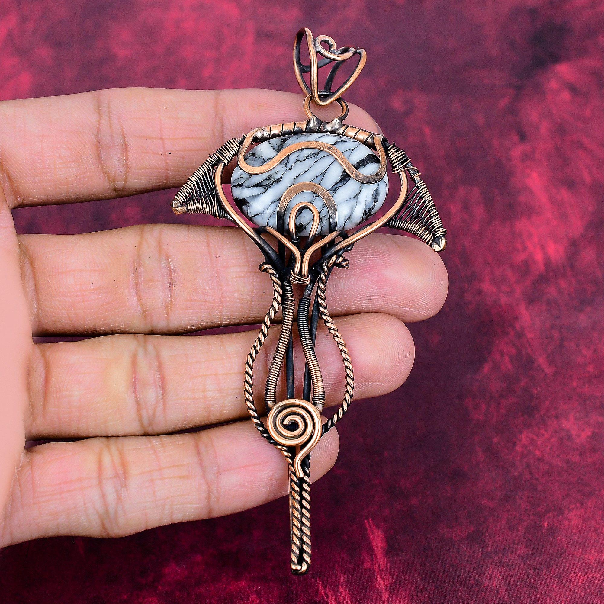 Pinolith Jasper Gemstone Pendant Copper Wire Wrapped Rainbow Moonstone Jewelry