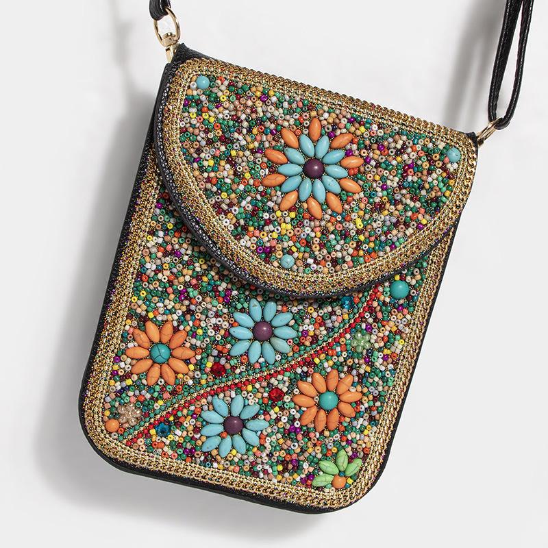 Exquisite Bohemian Style Crossbody Bag with Rice Beads, Shells, and Flowers