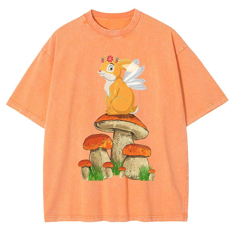 Cottagecore Aesthetic Mushroom Frog Print Washed T Shirt Woman Crewneck Y2K Short Sleeve Summer T-Shirt Cotton