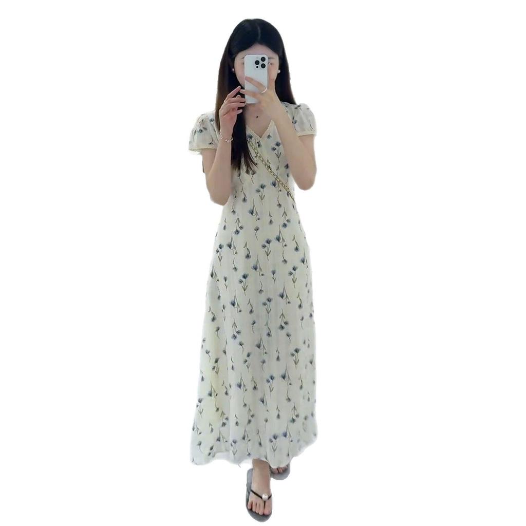 Women's French White Floral V-Neck Short-Sleeve Long Dress for Summer 2026 Beach Vacation
