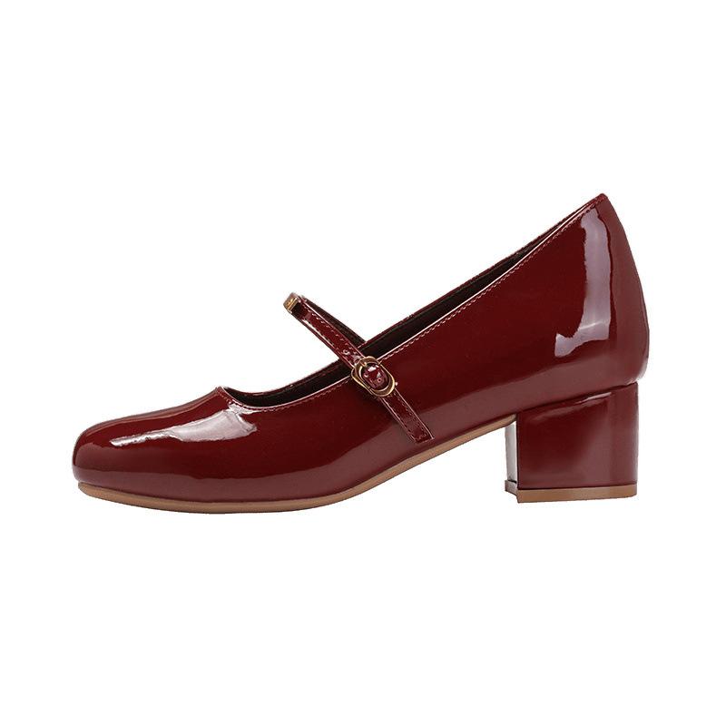 inner height increase soft sole red Mary Jane single shoes women's spring new one-word buckle thick heel elegant temperament high heels