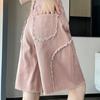 Five Point Fringed Pink Jeans for Women In Summer High Waist Slimming Loose and Wide Leg Mid Length Pants