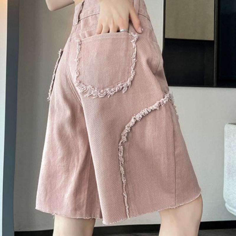 Five Point Fringed Pink Jeans for Women In Summer High Waist Slimming Loose and Wide Leg Mid Length Pants