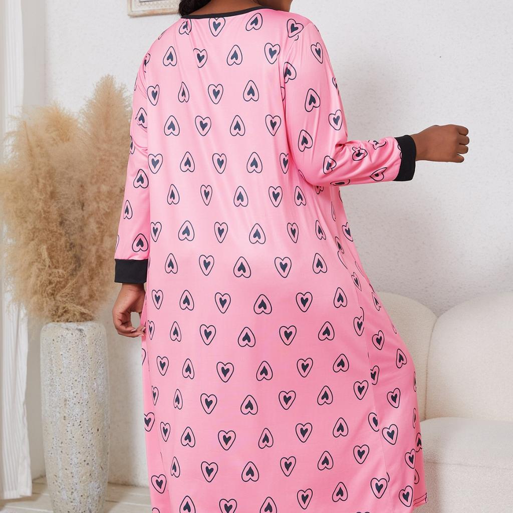 Spring Autumn Plus Size XL-5XL Pink Graphic Printed Long Sleeve Women Nightgown Sexy V Neck Oversized Sleepwear Female Nightwear Homwear Clothing