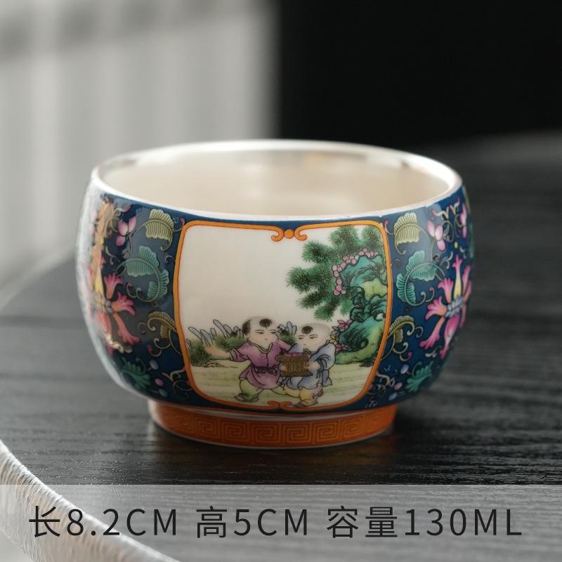 130ml large capacity 999 pure silver gilded silver Chinese high-end light luxury enamel ceramic host tea cup