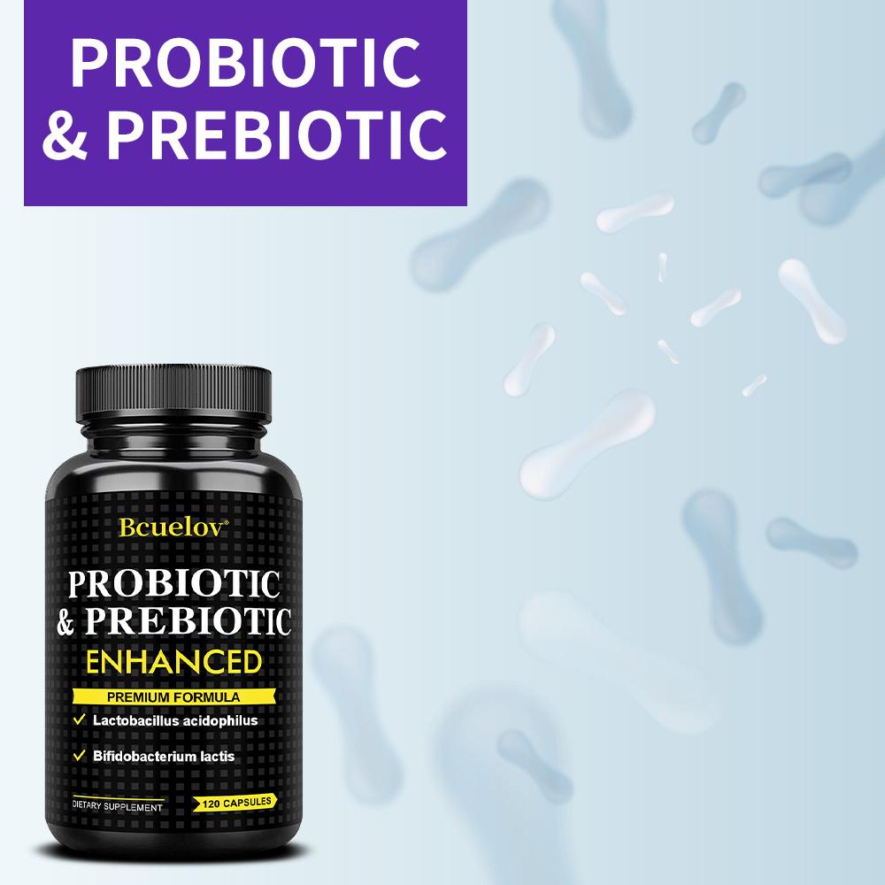 Bcuelov Probiotics and Prebiotics Capsules, containing 440 million live bacteria, 120 capsules.