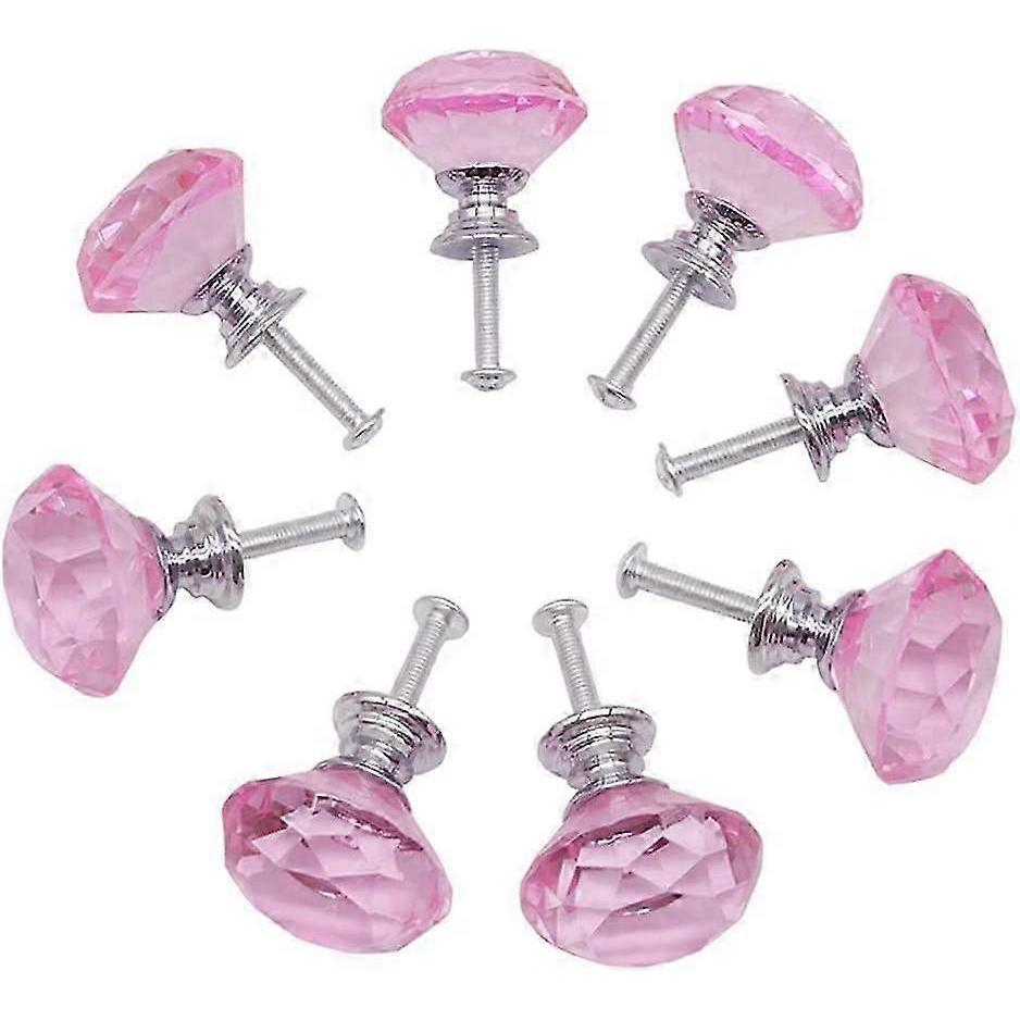 8pcs 30mm Diamond Door Knobs,Crystal Glass Diamond Door Knobs with Screws for Cabinet Drawer Furniture Kitchen Decor (Pink)