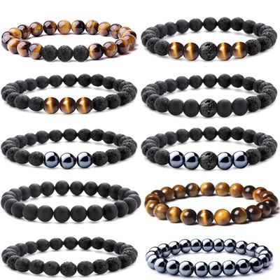 Natural Volcanic Stone Black Agate Stone Bead Bracelet Tiger Eye Stone Yoga Energy Couple Bracelet