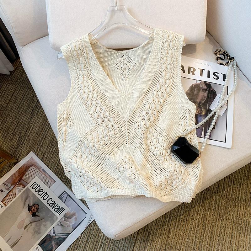 Letní a podzimní design Bez rukávů Rozparek Vesta Dírkovaná Pletená košile Top z ledového hedvábí pro ženy