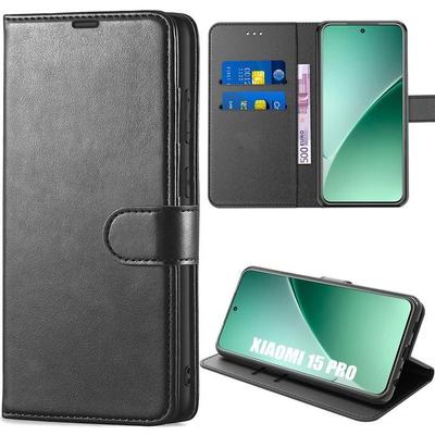 Husă pentru Xiaomi 15 Pro, Husă tip carte antișoc din piele sintetică neagră cu suport pentru carduri