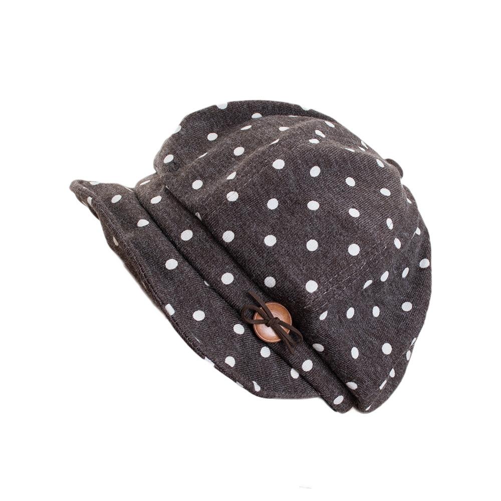 Retro polka dot soft brim octagonal hat girls autumn and winter literary versatile newsboy hat showing face little painter hat