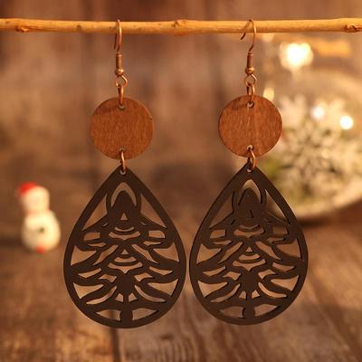 Retro Teardrop Christmas Tree Leather Earrings with Wood Chip Accents