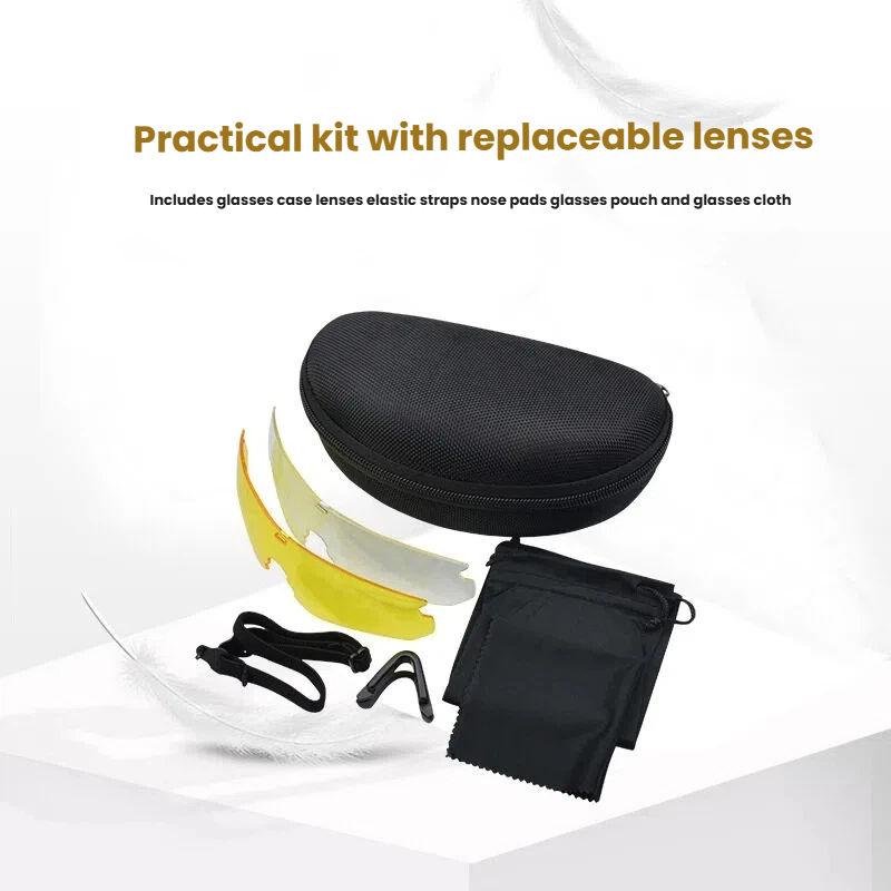 Tactical Safety Sunglasses 3 Interchangeable Scratch Resistant Acrylic Lenses Full Rim Wind Goggles Eye Protection Shooting