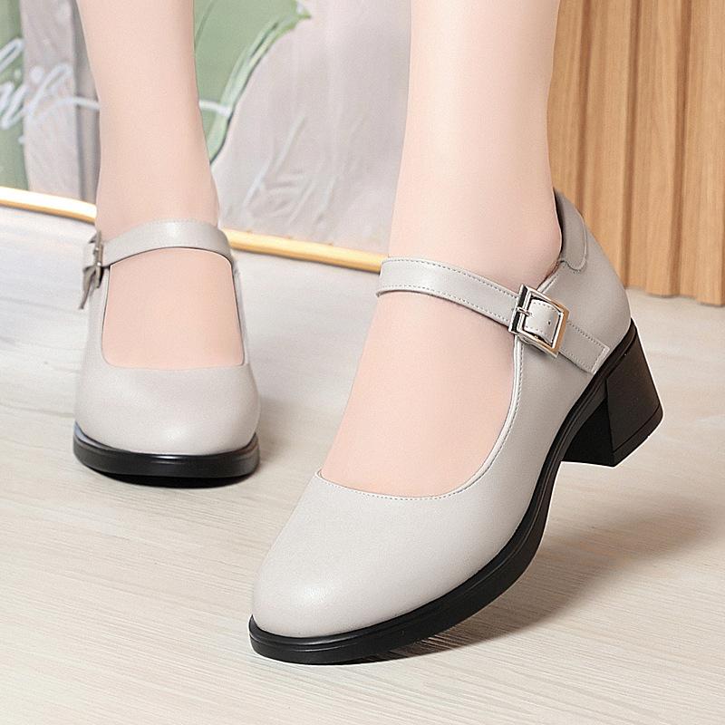 One-word Buckle Single Shoes Women's Round Head Thick Heel Soft Leather Soft Surface Soft Sole Women's Shoes with  Catwalk Women's Leather Shoes