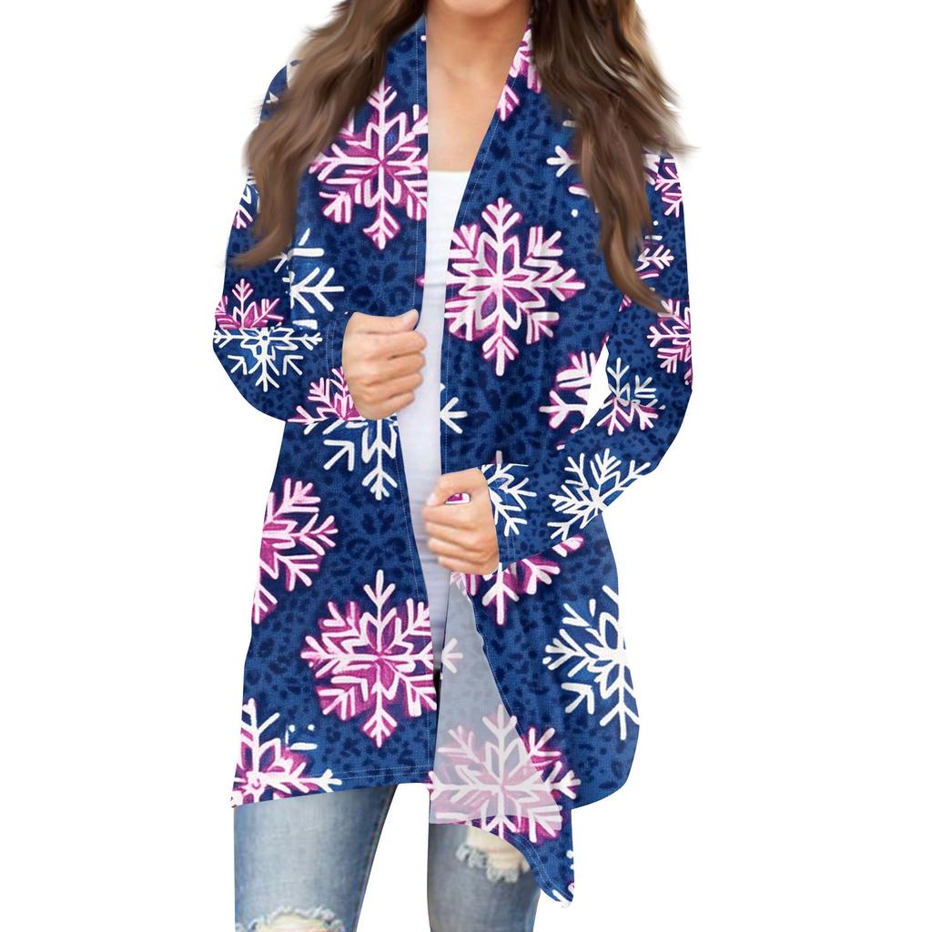 Women's Fashion Casual Christmas  Print Medium Length Cardigan Jacket Coat