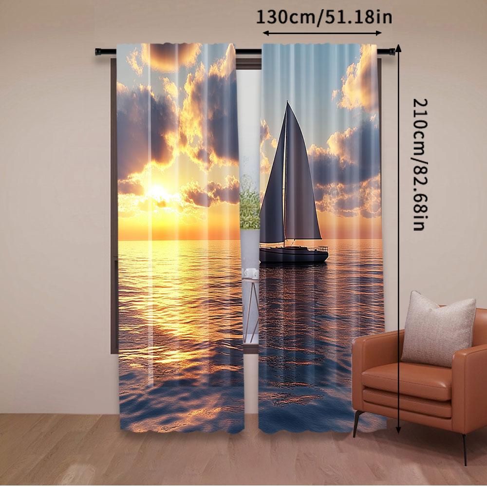 2Pcs Sea Sunrise And Sunset Scenery Curtains Ocean Sailboat Aesthetic Art Curtains Suitable For Bedroom Livingroom Store Hotel