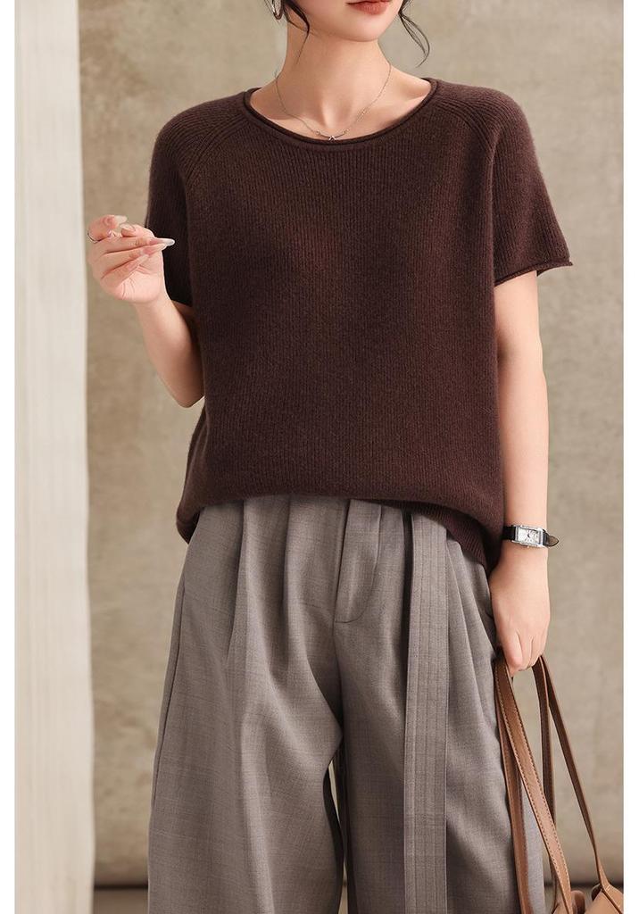 2026 Spring/Summer Women's Slim Korean Style Round Neck Short Sleeve Versatile Knit Casual Loose Sweater