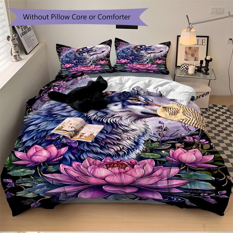 3pcs Wolf Lotus Flower Duvet Cover Set - Includes 1 Duvet Cover and 2 Pillowcases, No Quilt Core, All-Season Home Decor yy251111004