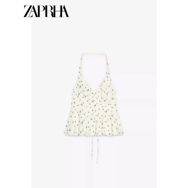 Zaprha 2025 New Arrival Pure Beautiful Flowers Print Poplin Waist-Tight Halter Top Figure-Flattering 3152086