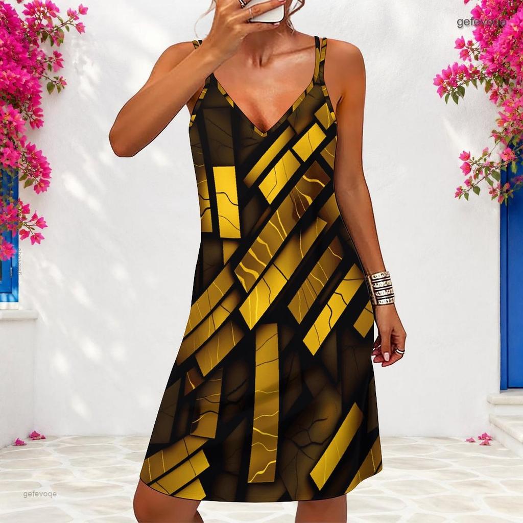 Women Plus Size V Neck Double Straps Sleeveless Printed Black Mini Dress