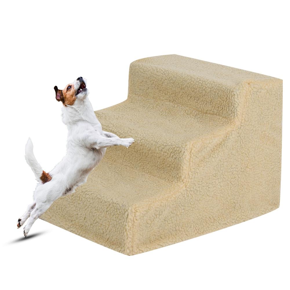 3 Steps Pet Dog Cat Stairs Ramp Ladder with Removable Cover for High Bed(Beige)