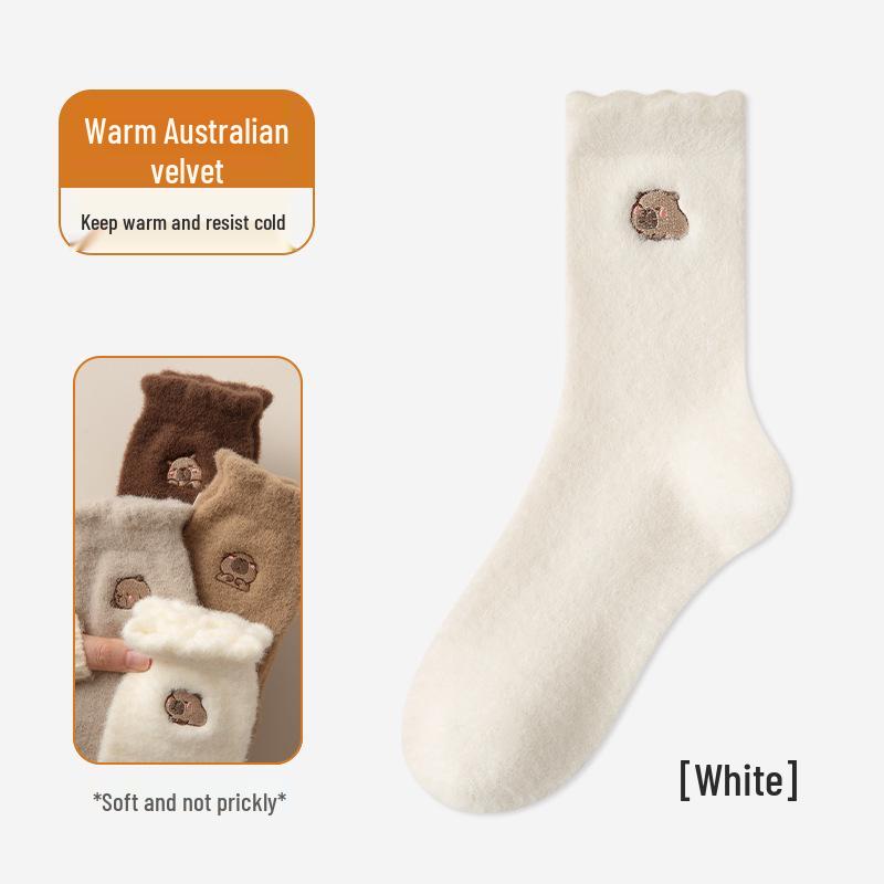 Women's Plush Embroidered Fleece-Lined Mid-Calf Socks - Cute Cartoon Design, Warm and Thick for Autumn and Winter.