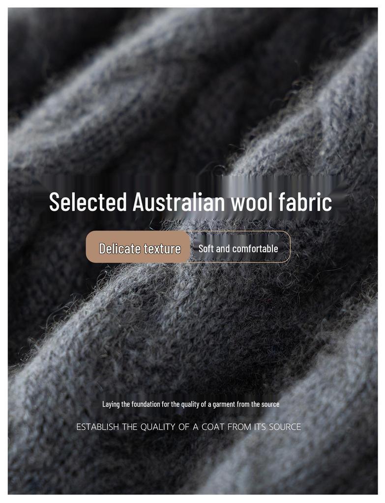 Men's 100% Pure Wool Round Neck Sweater – Autumn/Winter Thick Knit, Casual Loose Fit, Inner Cashmere Base Layer.