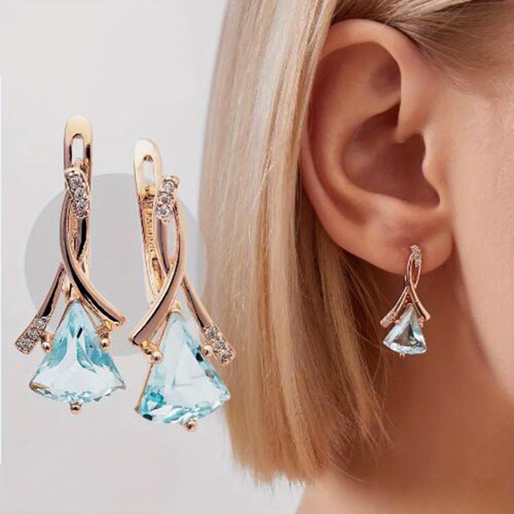 1 Pair Golden Color Triangle Cut Aqua Blue Stone Earrings Women Wedding Drop Earrings Jewelry