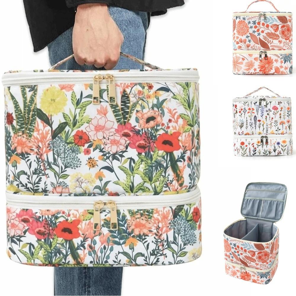 Double Layer Nail Polish Storage Bag Large Capacity Floral Print Nail Lamp Case Detachable with Handle Makeup Bag