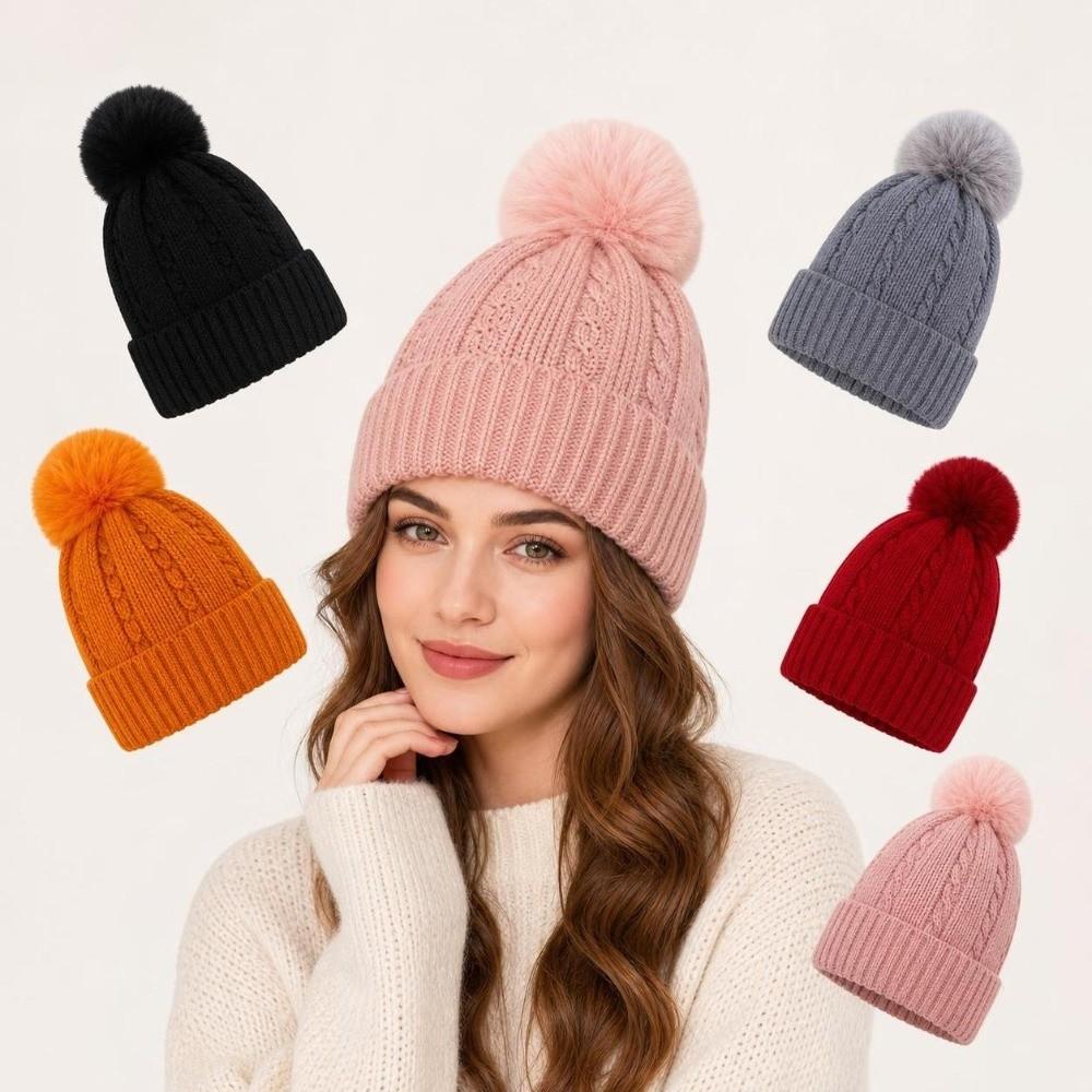 Winter Warm Knitted Hat with Fluffy Ball Beanies Cap Fashion Pullover Cap for Male Female