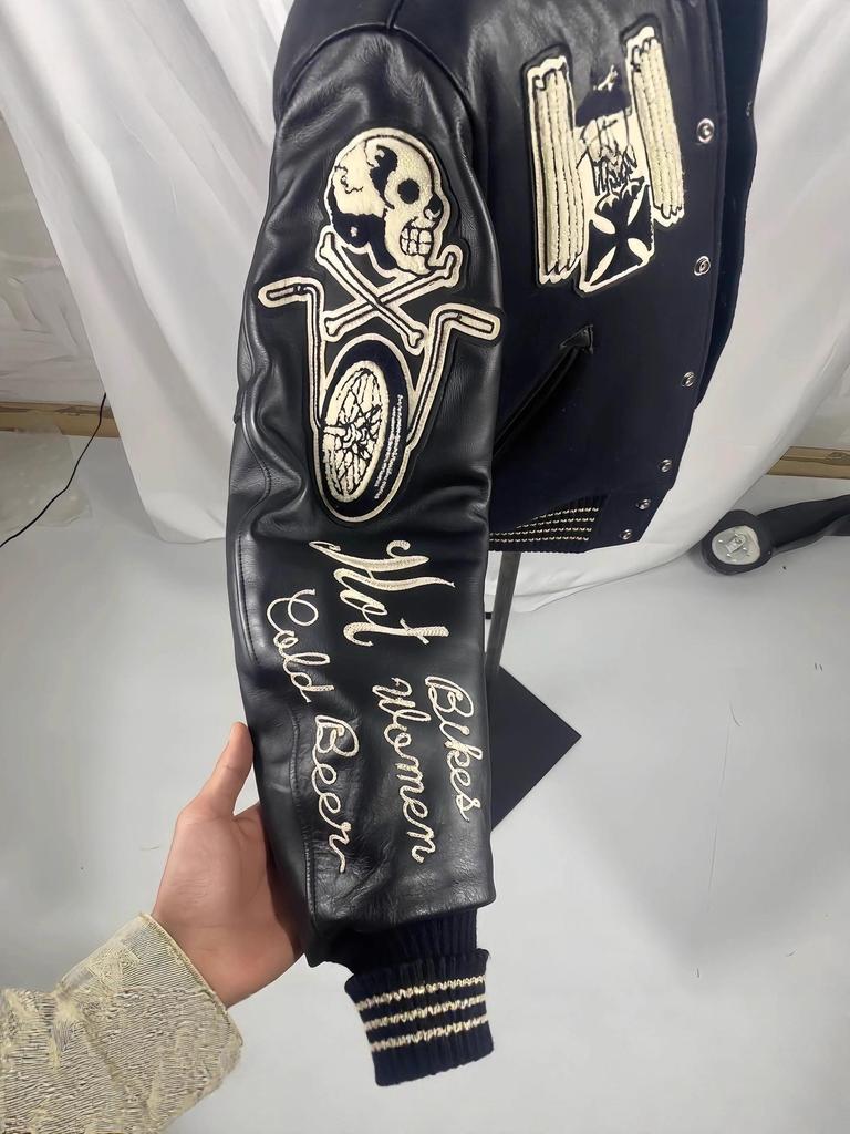 American Skull Knight Slim Fit Stand Collar Leather Baseball Jacket