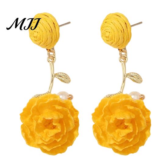 Long Wear Comfortable Earrings 1 Pair Boho Raffia Ball Flower Earrings, Handmade Bohemian Leaf Gold Branch Drop Dangle Wedding Bridal Party