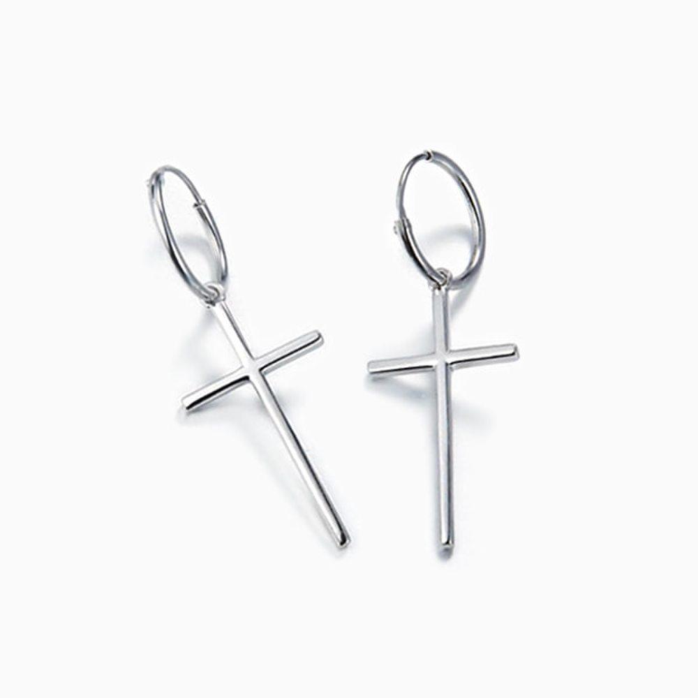 (Pair)S925 Silver Cross Drop Segment Ring Earrings Set P0763