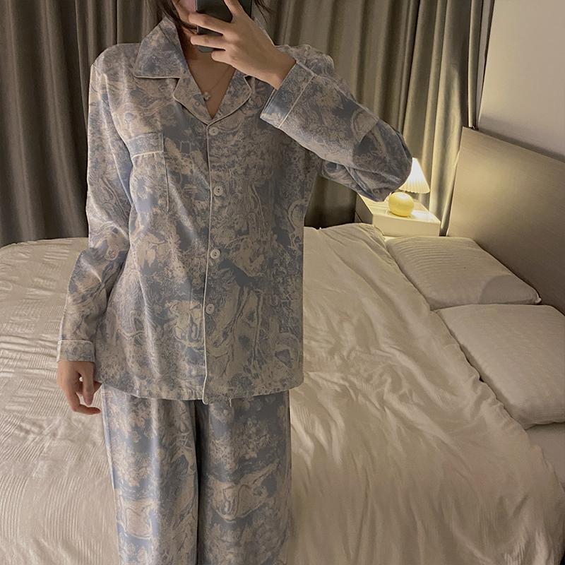 Autumn Spring Ice Silk Pajamas Women Sleepwear Long Sleeve Casual Nightwear Pyjamas Suit Home Clothes Floral Printed Sleep Set