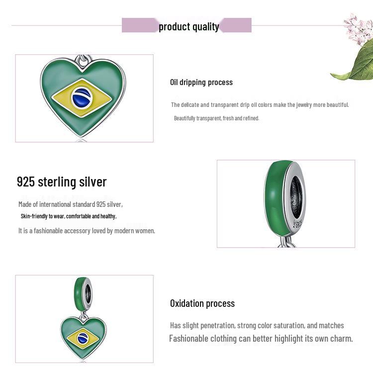 S925 Silver Brazilian Flag Heart Pendant with Green Enamel Drip