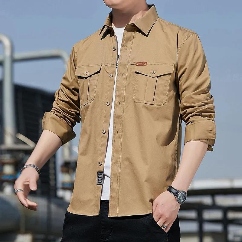 Cotton Cargo Shirt for Men Long Sleeve 2 Pocket Shirts Outdoor Casual Blouses Clothing Overshirt