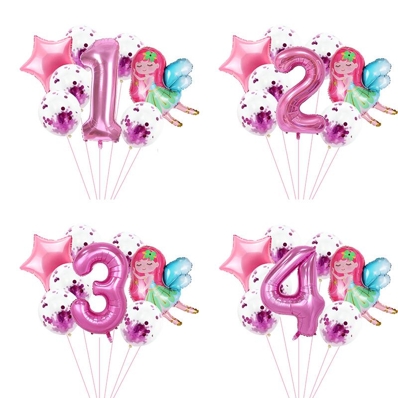 8pcs Girl Birthday Balloons Set Fairy Foil Balloons Number Helium Balloon 1 2 3 4 5 6 7 8 9 Years Old Kids Birthday Party Gifts