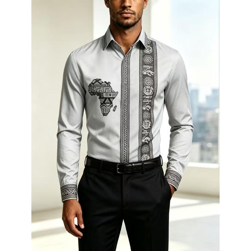 New men's long sleeved shirt with wine red gold chain diamond shaped 3D pattern printing, slim fit collar single shirt