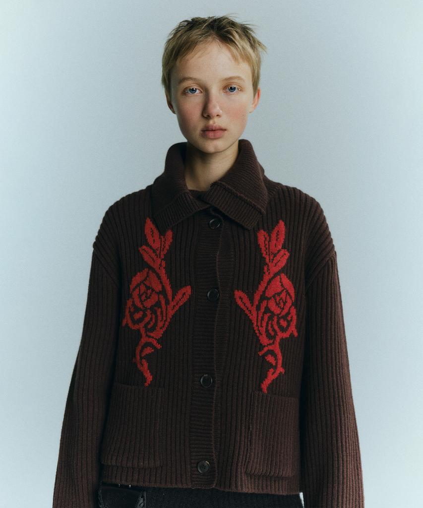 EN OR Marine Collar Jacquard Cardigan - Brown