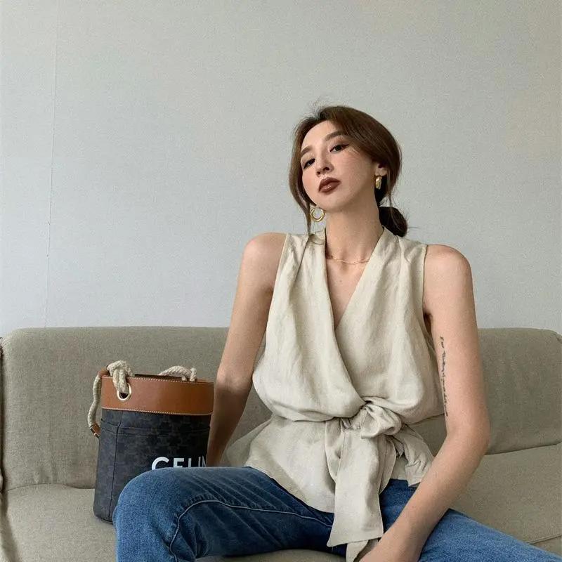 

Women s Casual Loose Sleeveless Blouse V-neck Tie Front Solid Color Beige Top Retro S