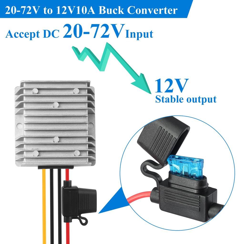 Mzhou 120W Power to 12V Waterproof Voltage Regulator for Power Supply for Audio Overload and Short Circuit Protection 1 Year DC-DC Converter, 20V-72V