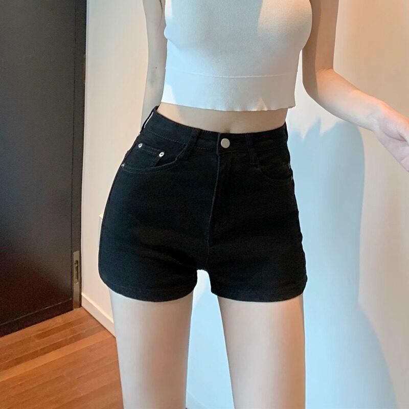 Women s High Waist Denim Shorts Solid Color Stretchy Slim Fit Casual Hot Pants S
