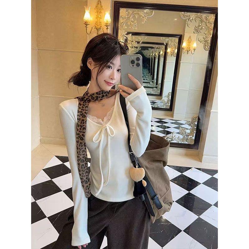 Korean Style Women's Long Sleeve Lace-Up Bow Tie Slim Fit T-Shirt - Autumn New Arrival