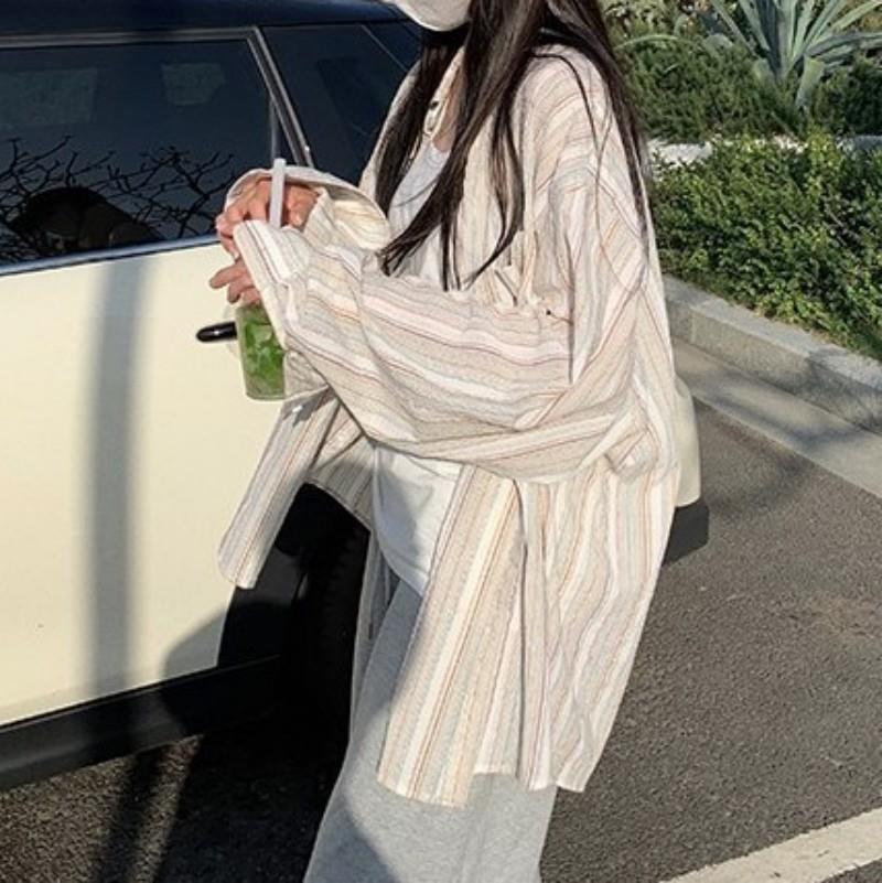Pink Striped Shirt Women's 1116 Summer Korean Version Lazy Style Shirt Loose Long-sleeved Sunscreen Top Jacket Thin