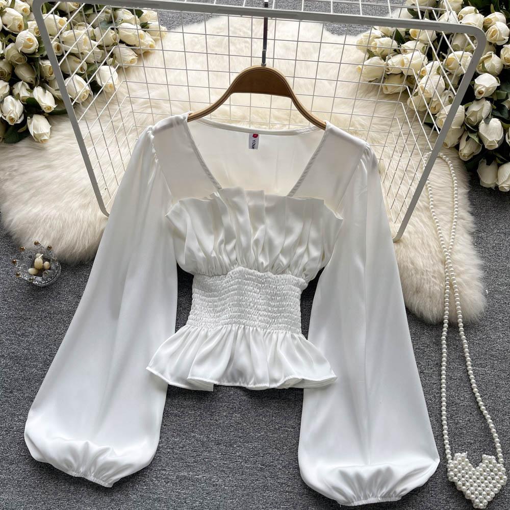 RUGOD Dámská podzimní košile s úzkým pasem a čtvercovým límcem, krásná košile s dlouhým rukávem