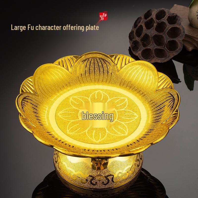 Gouden Serie Plastic Fruitschaal & Offer Set: Keramieklook met Offerbord, Kopje, Kom, Wijnkan, Theepot en Eetstokjes.