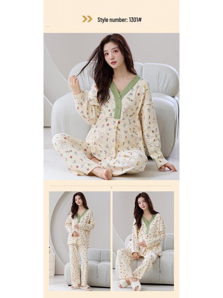 Plus Size Maternity Pajamas with Chest Pads for Autumn/Winter - Women's Postpartum Nursing & Home Wear Set